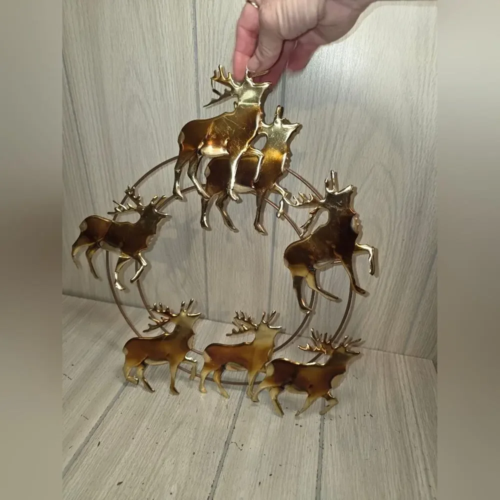 Vtg Brass Gold Reindeer/Elk Wreath Wall Decor Home Interior Hollywood Regency